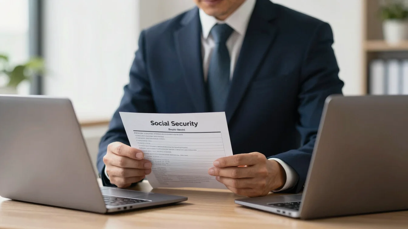 Specialist analyzing a social security benefit statement on a laptop, warm professional office setting, soft natural lig