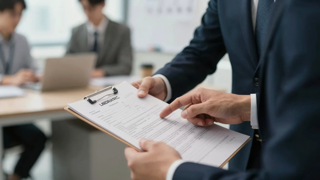 Hands pointing to figures on a labor contract document, professional office environment, soft daylight