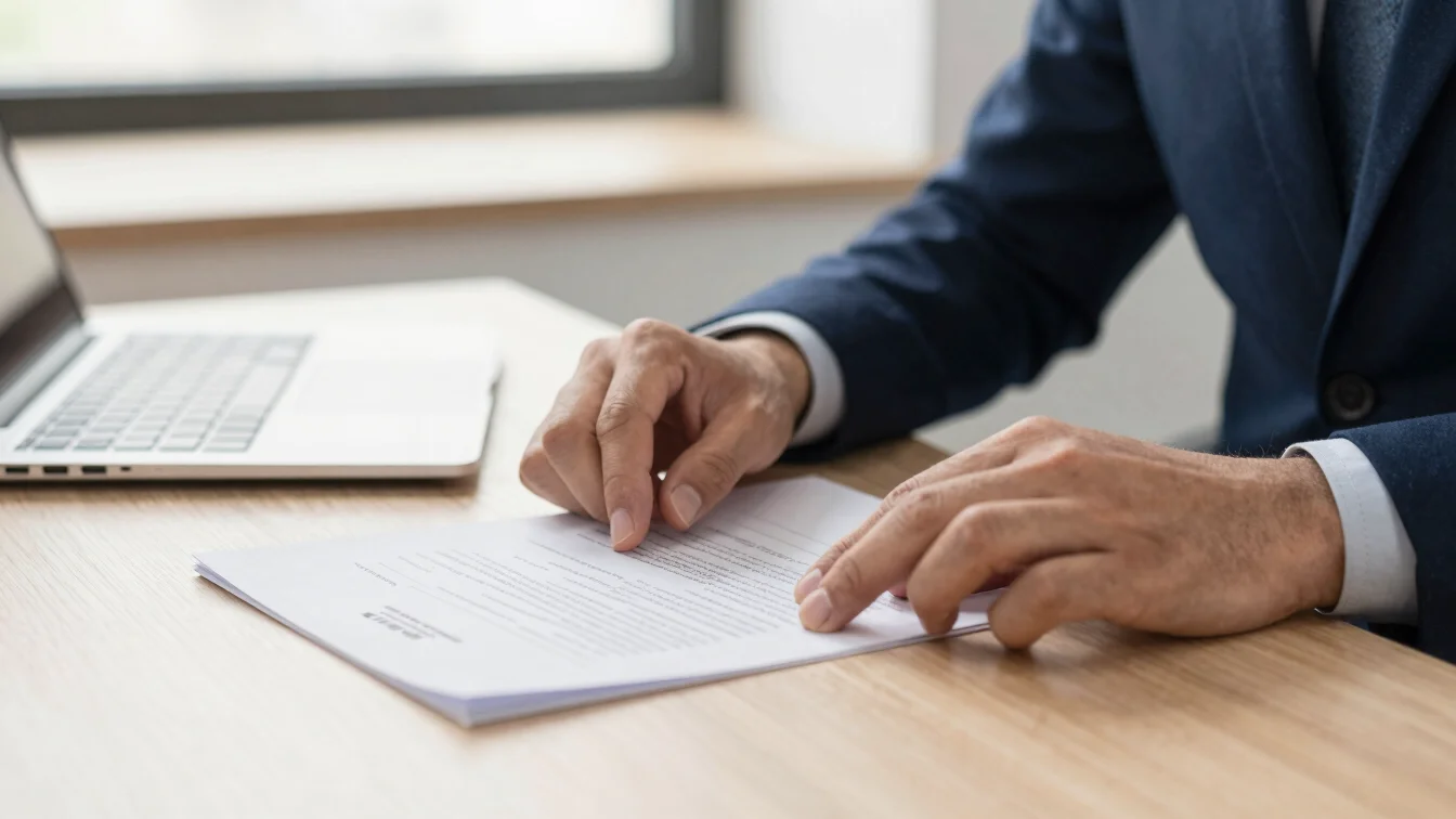 close-up of hands examining legal documents on a modern office de