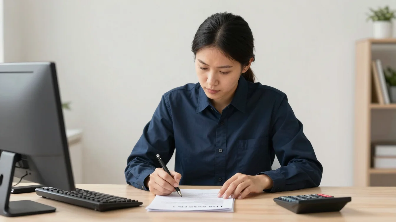 specialist analyzing a labor contract and calculator on a clean d