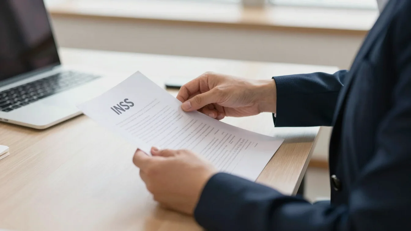 Close-up of hands examining INSS documents on a modern desk, soft natural light, deep navy tones